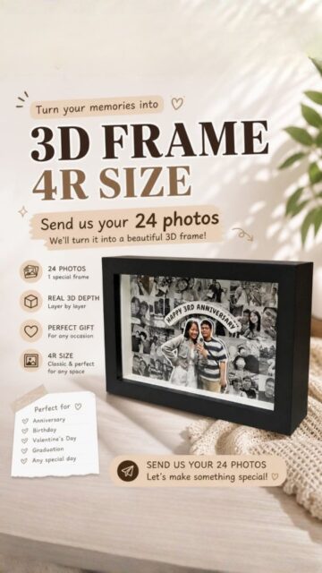POV: you turn 24 photos into something you can actually keep forever 🖼️✨

Send us your 24 fav pics
We’ll turn it into a 3D frame with real depth 👀

Perfect for anniversaries, birthdays, or just because 🤍

Drop your photos & let’s make something special 🎀🎁

#sggiftshop #machphoto #fujifilm #customization #giftideas